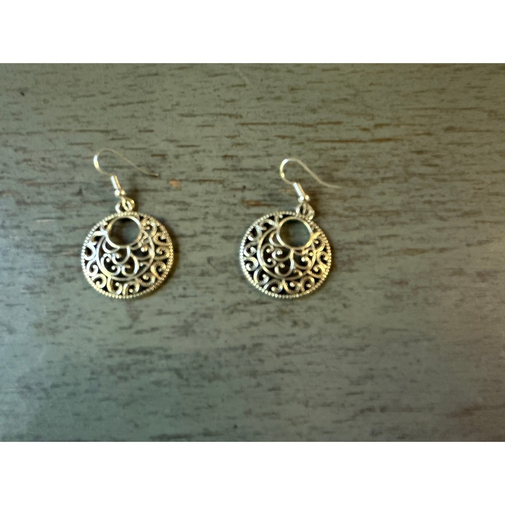 Silver Tone Filigree Openwork Drop Earrings Circular Scrollwork Dangle Boho